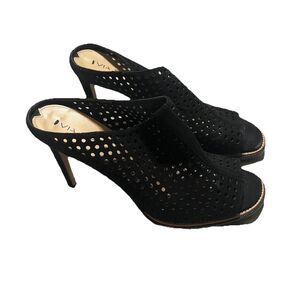 Via Spiga Tasa Black Suede Peep Toe High Heels Perforated Shoes Womens 9.5M
